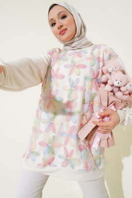 Loyşa Önü Tül Çiçekli Tunik Pembe - Thumbnail