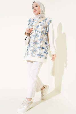 Loyşa Önü Tül Çiçekli Tunik Mavi - Thumbnail