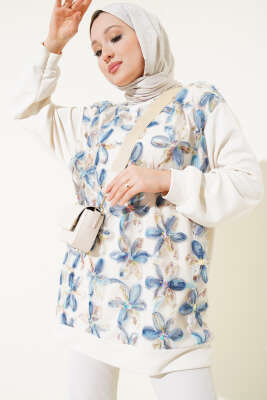 Loyşa Önü Tül Çiçekli Tunik Mavi - Thumbnail