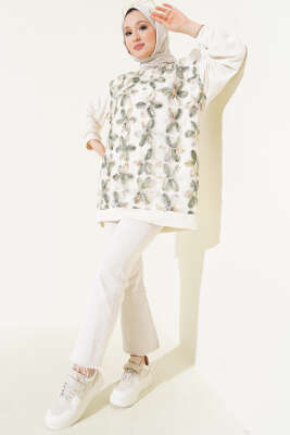 Loyşa Önü Tül Çiçekli Tunik Haki - Thumbnail