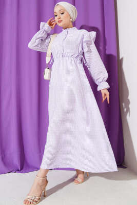 Pazarium - Omuz Fırfırlı Çizgili Gofre Elbise Lila