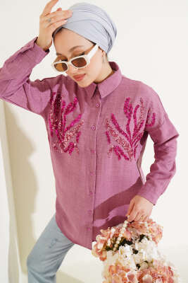 Pazarium - Önü Pul Detaylı Gömlek Gül Kurusu