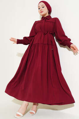 Pazarium - Yarım Gizli Düğmeli İp Bağcıklı Elbise Bordo