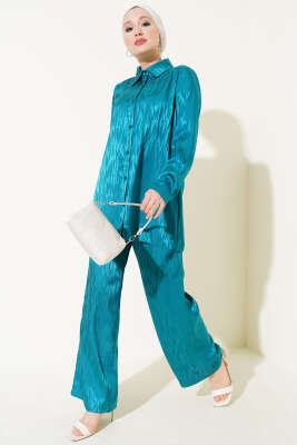 Pazarium - Desenli Jakar Tunik İkili Takım Petrol