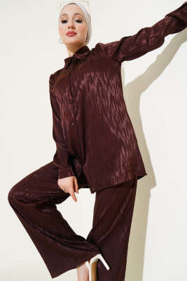 Pazarium - Desenli Jakar Tunik İkili Takım Kahve