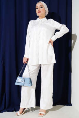 Pazarium - Desenli Jakar Tunik İkili Takım Beyaz