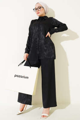 Pazarium - Desenli Jakar Tunik İkili Takım Siyah