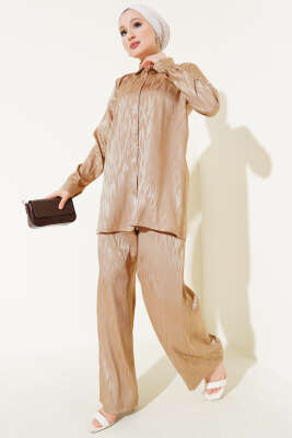 Pazarium - Desenli Jakar Tunik İkili Takım Bej