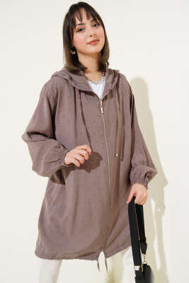 Taş Süslemeli Fermuarlı Hırka Vizon - Thumbnail