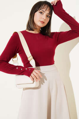 Pazarium - Bileği Metal Düğmeli Body Bordo