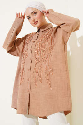 Pazarium - Önü Pul Süslemeli Basic Gömlek Latte