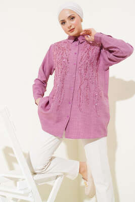 Pazarium - Önü Pul Süslemeli Basic Gömlek Gül Kurusu