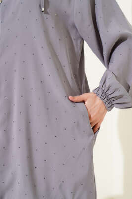 Taş Süslemeli Fermuarlı Hırka Gri - Thumbnail