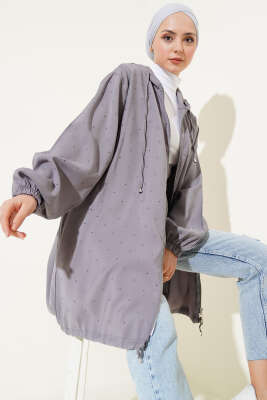 Taş Süslemeli Fermuarlı Hırka Gri - Thumbnail