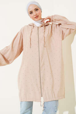 Pazarium - Taş Süslemeli Fermuarlı Hırka Bisküvi