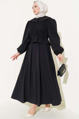 Pazarium - Bebe Yaka Etekli Gofre İkili Takım Siyah