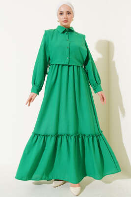 Pazarium - Yanı Bağlamalı Yelekli Bel Lastikli Elbise Benetton