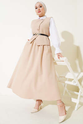 Pazarium - Çapraz Düğmeli Kemerli Etekli İkili Takım Latte