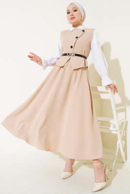 Pazarium - Kemerli Çapraz Düğmeli Yelekli İkili Takım Bej