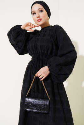 Bel Lastikli Püskül Detaylı Elbise Siyah - Thumbnail