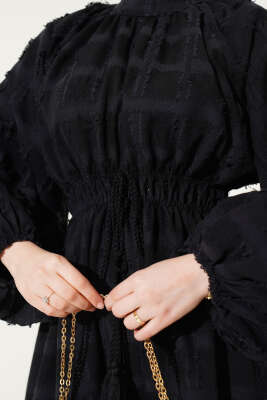 Bel Lastikli Püskül Detaylı Elbise Siyah - Thumbnail