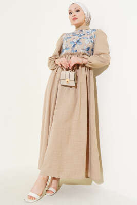 Pazarium - Tül Çiçekli Elbise Vizon