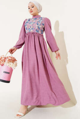 Pazarium - Tül Çiçekli Elbise Gül Kurusu