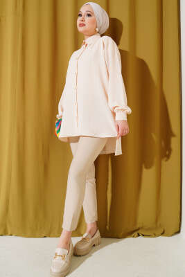 Linda Çizgili Oversize Gömlek Bej - Thumbnail