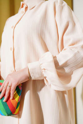 Linda Çizgili Oversize Gömlek Bej - Thumbnail