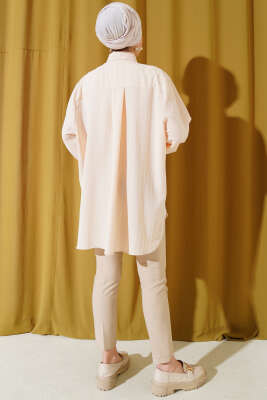 Linda Çizgili Oversize Gömlek Bej - Thumbnail