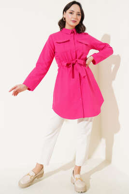 Çift Cepli Bel Lastikli Gömlek Fuşya - Thumbnail
