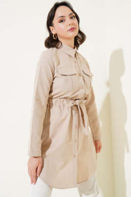 Çift Cepli Bel Lastikli Gömlek Bej - Thumbnail