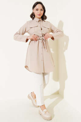 Çift Cepli Bel Lastikli Gömlek Bej - Thumbnail