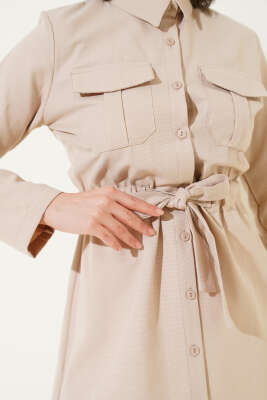 Çift Cepli Bel Lastikli Gömlek Bej - Thumbnail