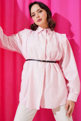 Pazarium - Omuz Pileli Kemerli Gömlek Pembe