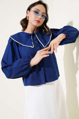 Pazarium - İncili Denizci Yaka Kısa Gömlek Lacivert