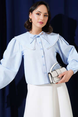 Pazarium - İncili Denizci Yaka Kısa Gömlek Buz Mavisi