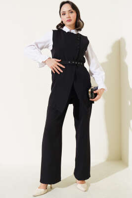 Pazarium - Uzun Yelekli Çapraz Düğmeli İkili Takım Siyah