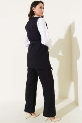 Uzun Yelekli Çapraz Düğmeli İkili Takım Siyah - Thumbnail