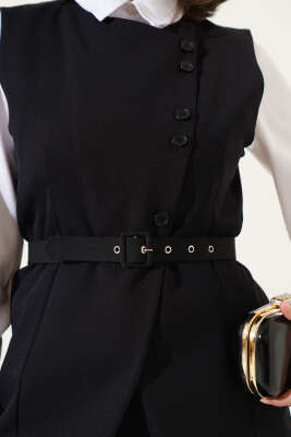 Uzun Yelekli Çapraz Düğmeli İkili Takım Siyah - Thumbnail