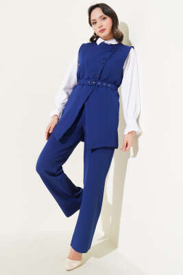 Uzun Yelekli Çapraz Düğmeli İkili Takım Lacivert - Thumbnail