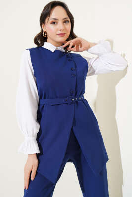 Uzun Yelekli Çapraz Düğmeli İkili Takım Lacivert - Thumbnail