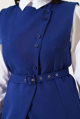 Uzun Yelekli Çapraz Düğmeli İkili Takım Lacivert - Thumbnail