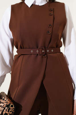 Uzun Yelekli Çapraz Düğmeli İkili Takım Kahve - Thumbnail