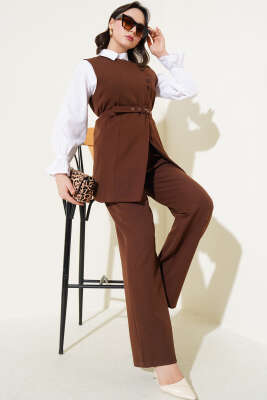 Uzun Yelekli Çapraz Düğmeli İkili Takım Kahve - Thumbnail