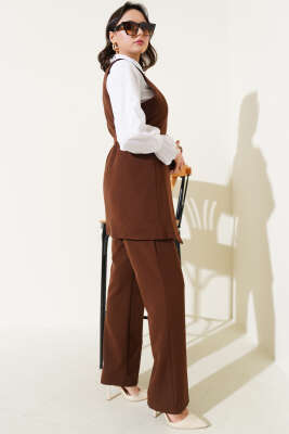 Uzun Yelekli Çapraz Düğmeli İkili Takım Kahve - Thumbnail