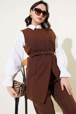 Uzun Yelekli Çapraz Düğmeli İkili Takım Kahve - Thumbnail