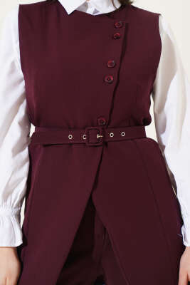 Uzun Yelekli Çapraz Düğmeli İkili Takım Burgonya - Thumbnail