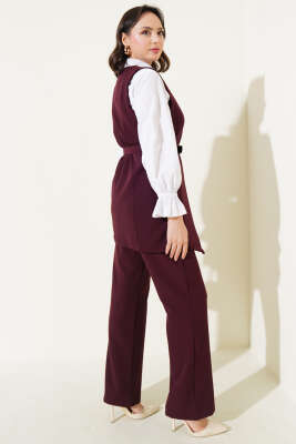 Uzun Yelekli Çapraz Düğmeli İkili Takım Burgonya - Thumbnail
