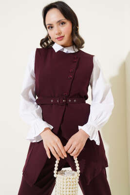 Uzun Yelekli Çapraz Düğmeli İkili Takım Burgonya - Thumbnail